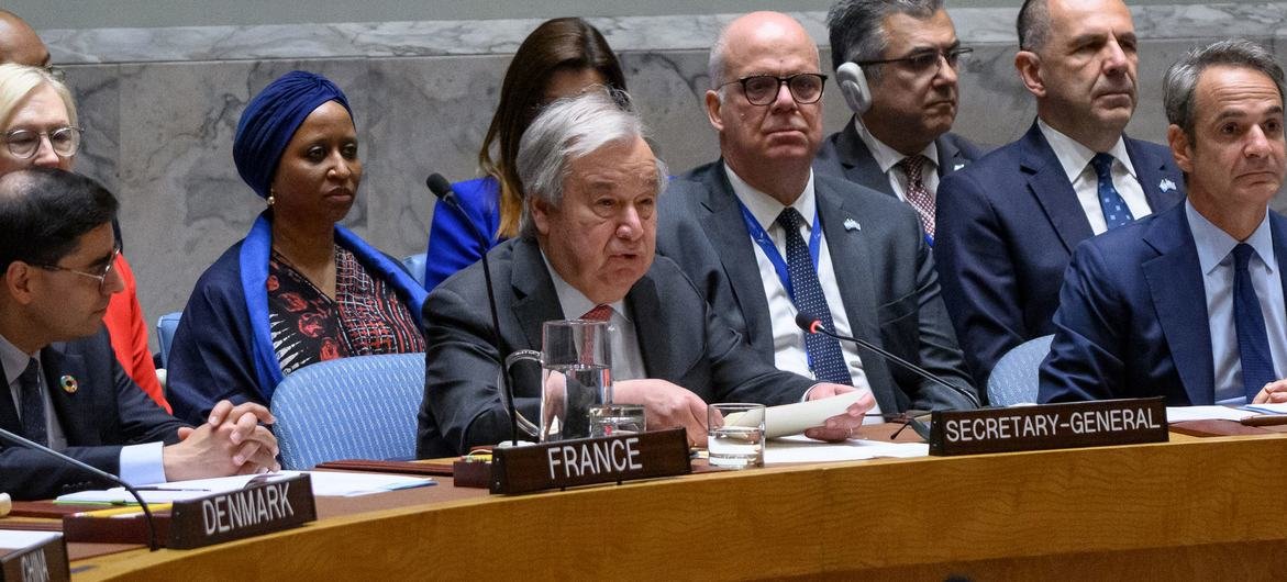 Secretary-General António Guterres (centre) addresses the UN Security Council meeting on strengthening maritime security through international cooperation for global stability under maintenance of international peace and security. Secretary-General António Guterres (centre) addresses the UN Security Council meeting on strengthening maritime security through international cooperation for global stability under maintenance of international peace and security.