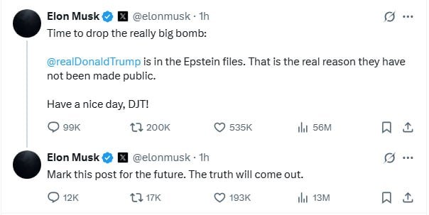 Elon Musk detonates Epstein files bombshell against Trump