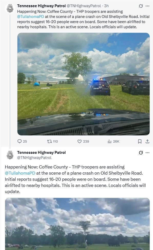 Plane carrying skydivers crashes in US state of Tennessee